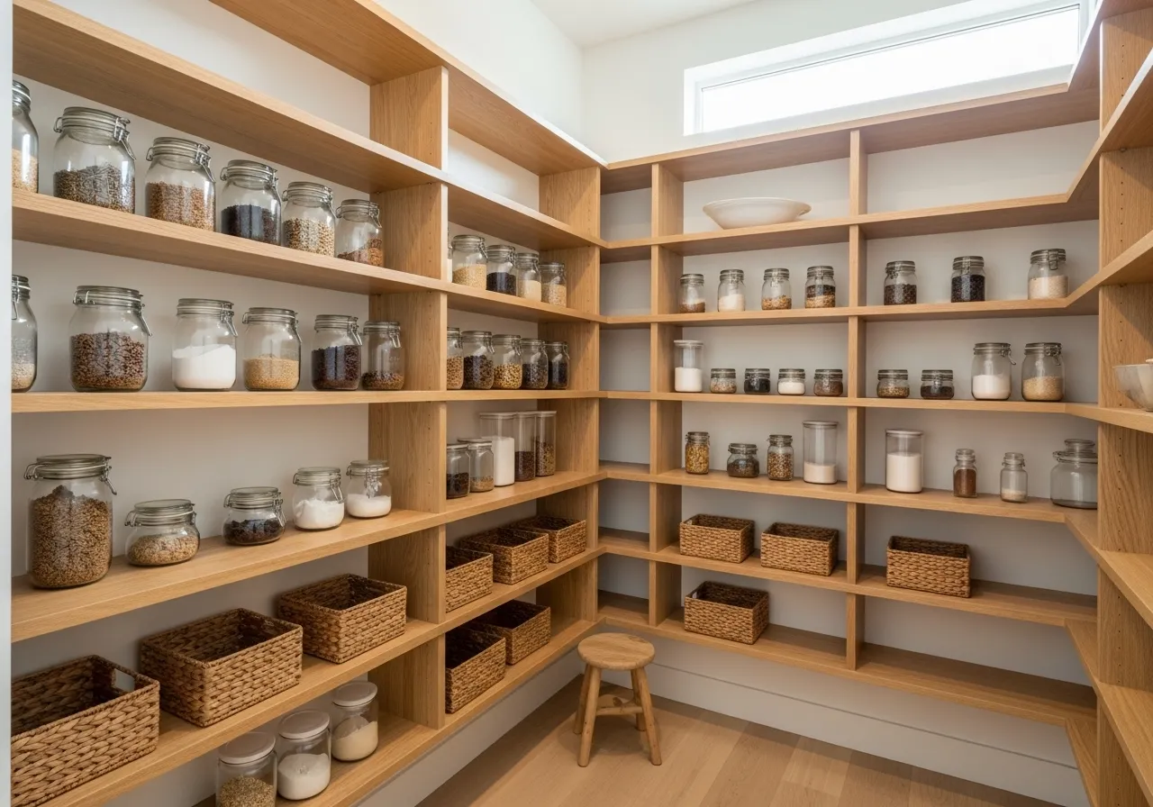 DIY walk-in pantry ideas featuring floor-to-ceiling open shelving for maximum storage