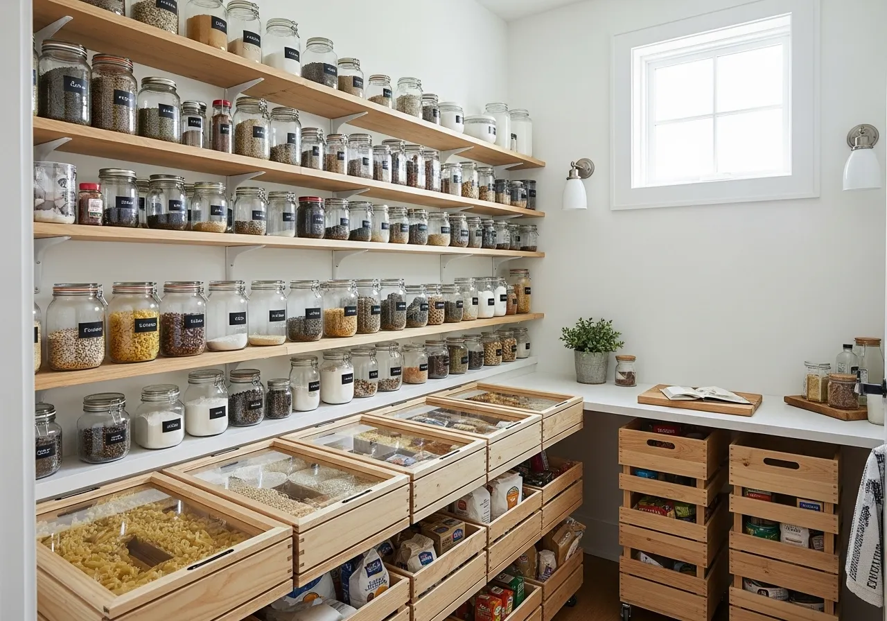 DIY walk-in pantry ideas using rolling bins for bulk storage