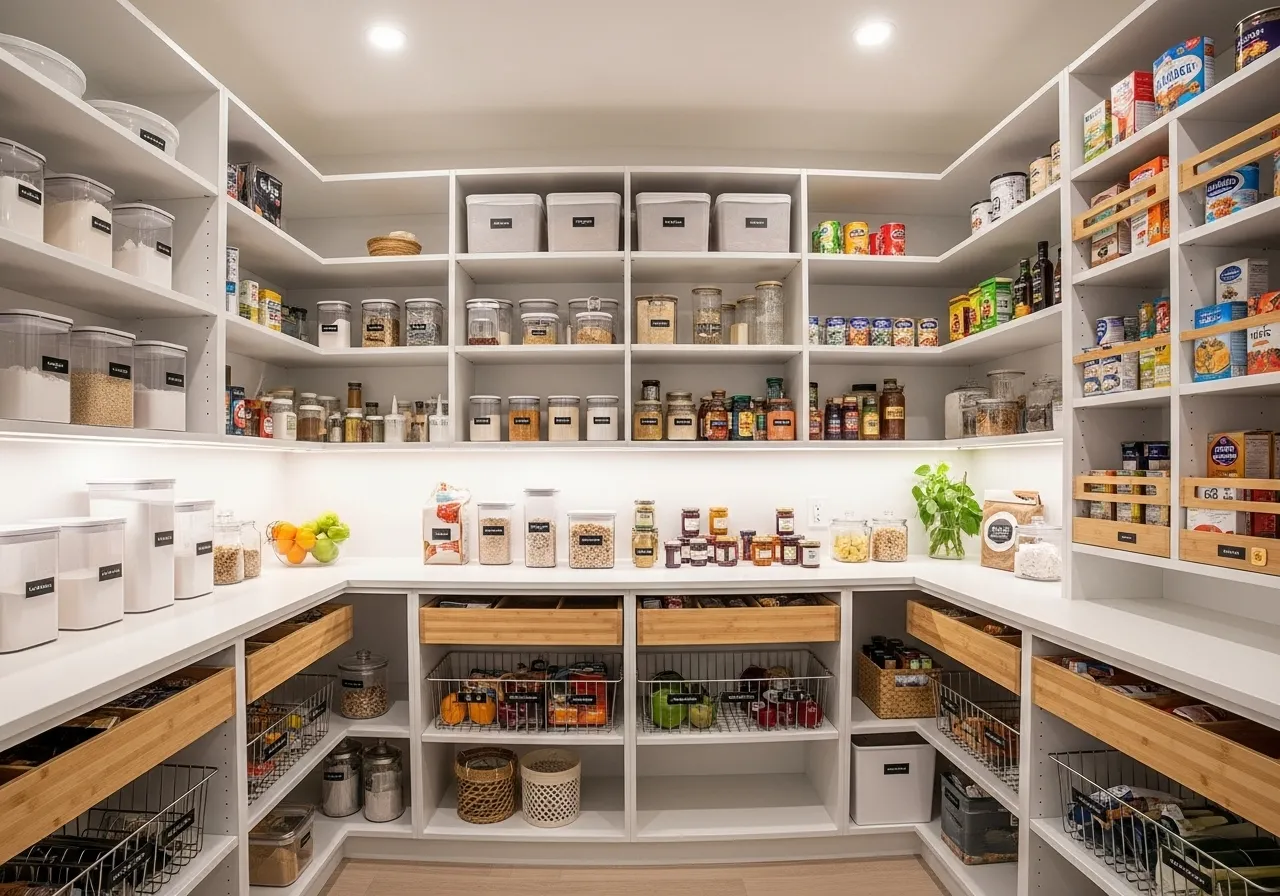 DIY walk-in pantry ideas with a U-shaped layout for efficient storage