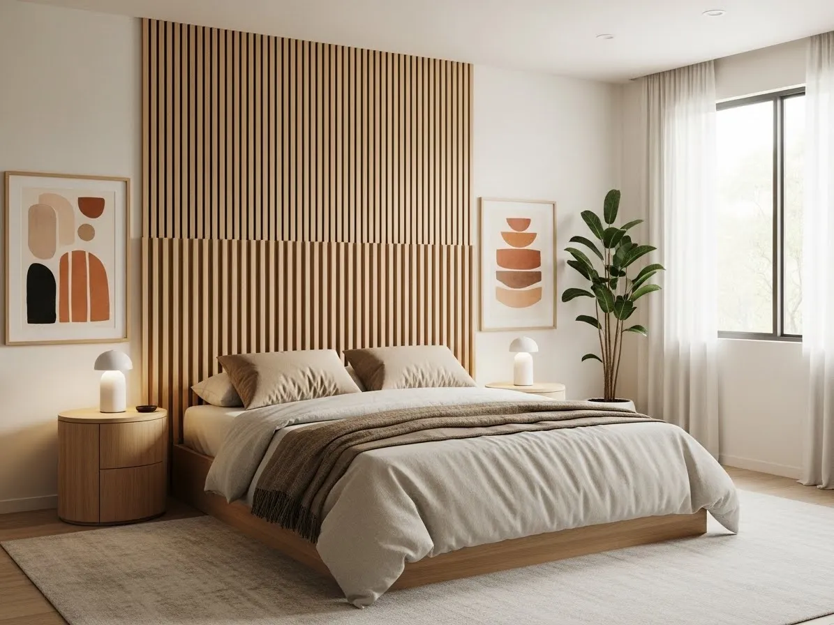 DIY wooden slat headboard creating a modern and stylish bedroom feature.