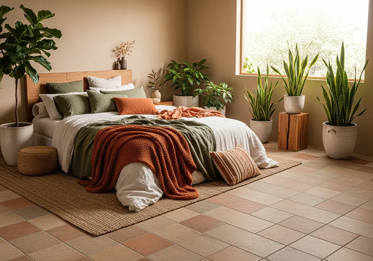 Earth-tone bedroom-with-tile-floor styled with natural textures and colors