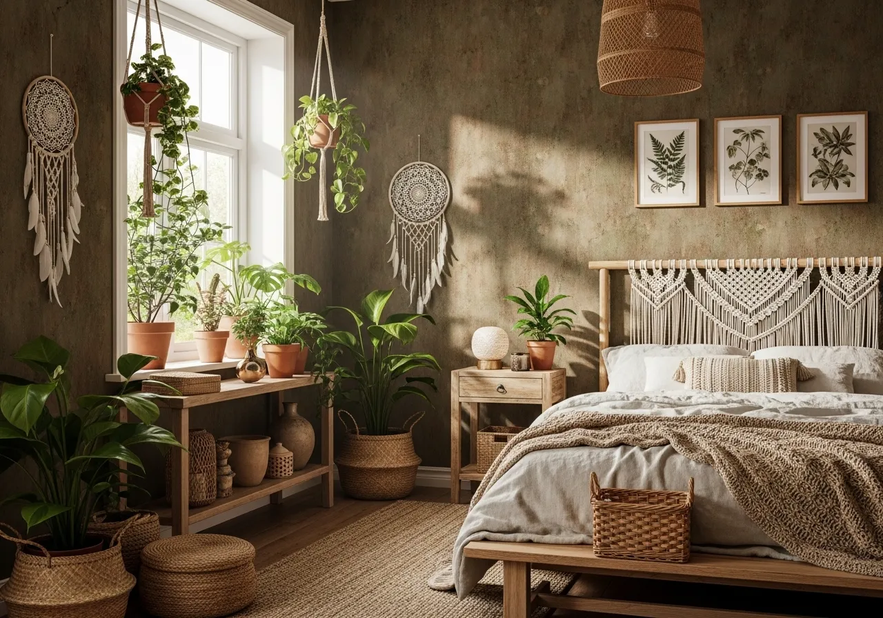 Boho bedroom with earthy textured wallpaper and natural décor