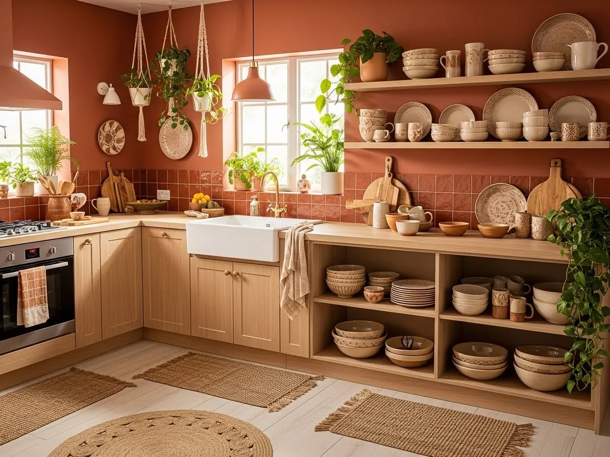 Boho kitchen ideas featuring earthy tones and warm, natural materials.