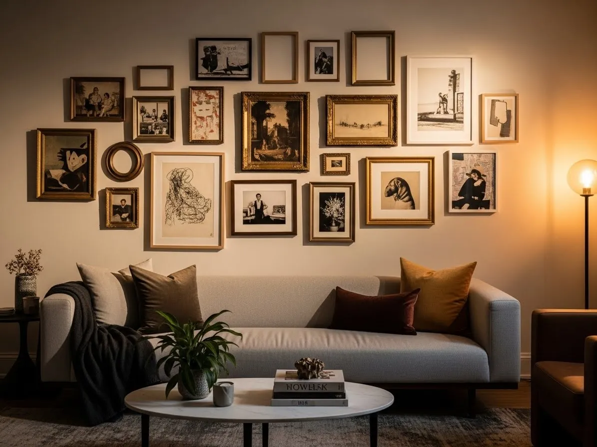 Eclectic apartment gallery wall with mixed art and frames creating a personal curated look