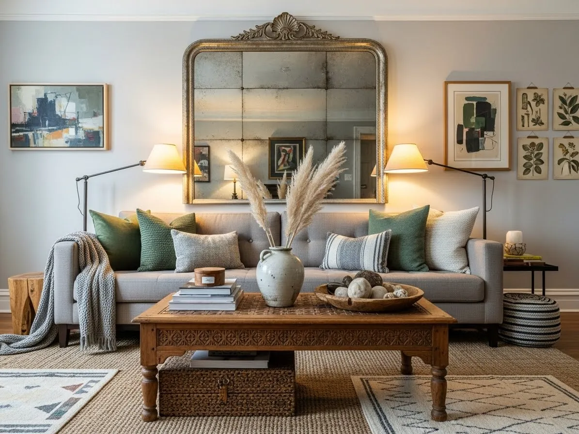 Eclectic apartment living room with modern sofa and vintage coffee table for a warm curated style