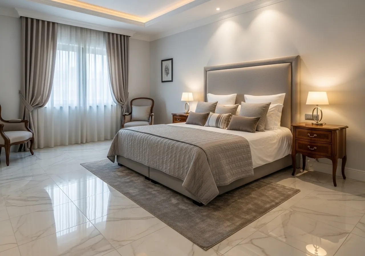 Elegant bedroom-with-tile-floor with polished tiles and refined decor
