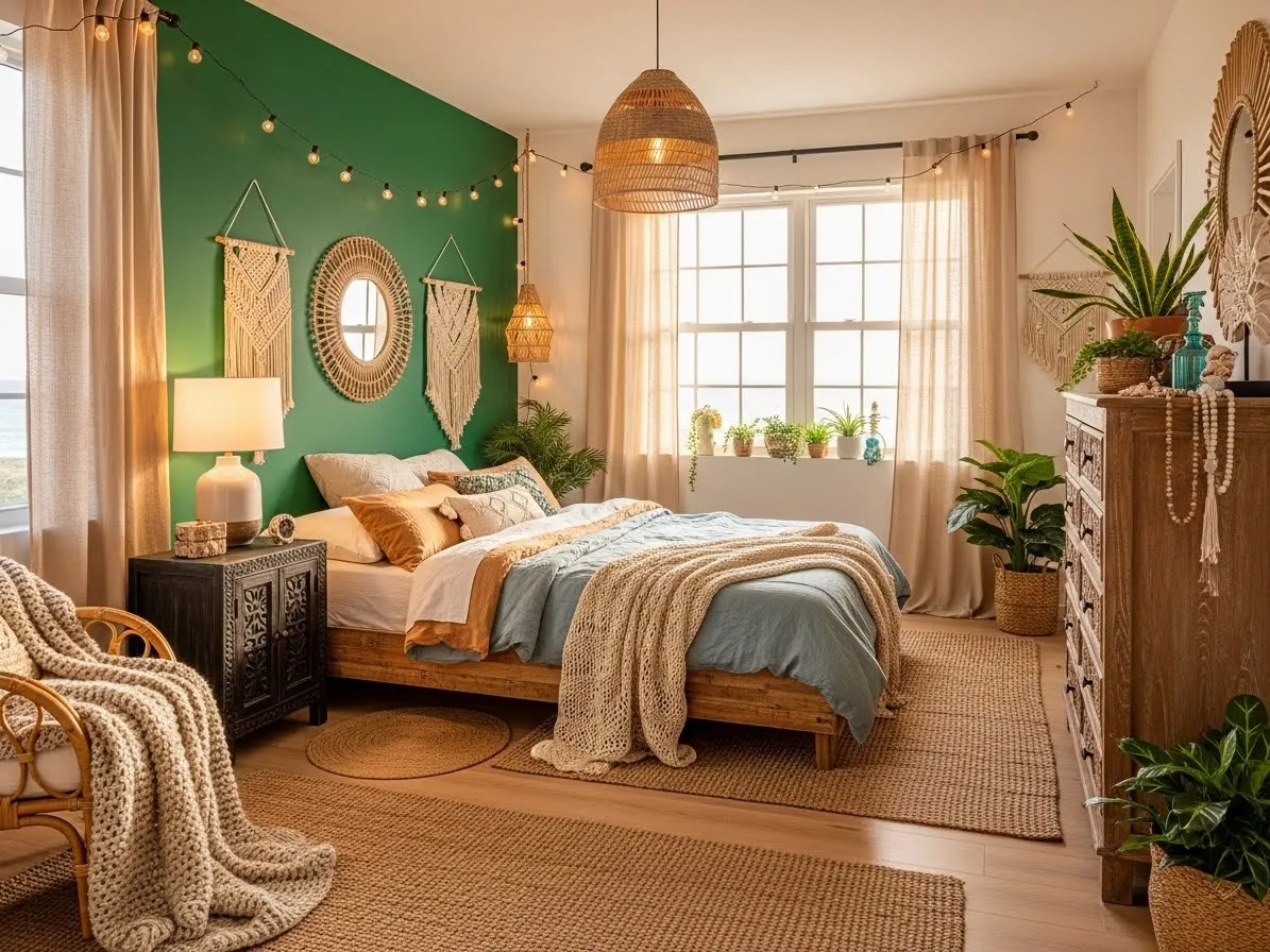 “Emerald green boho coastal bedroom with warm wood tones and cozy textiles”