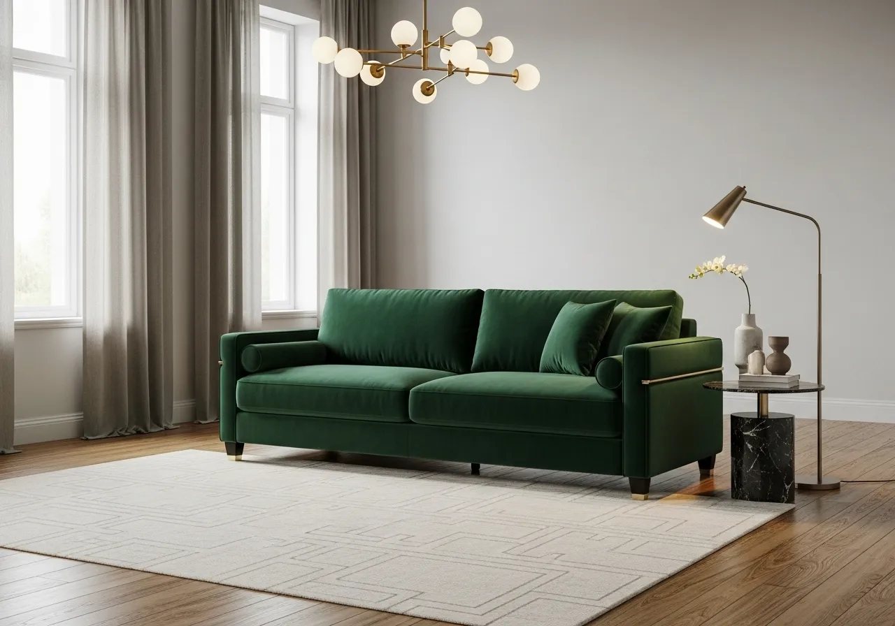 Luxury emerald living-room-with-green-sofa with gold accents