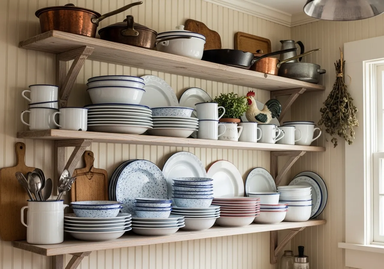 Country kitchen ideas featuring enamelware dishes and vintage decor