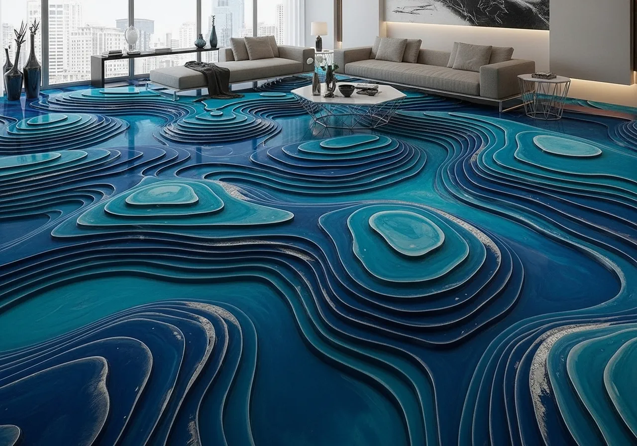 3D epoxy floor designs with layered shading creating depth in a modern living room