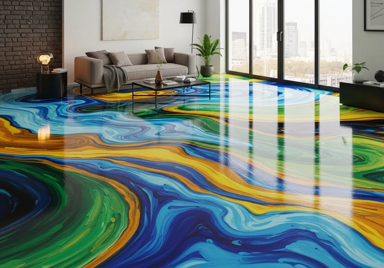 Artistic epoxy floor designs with flowing color patterns in a contemporary living room