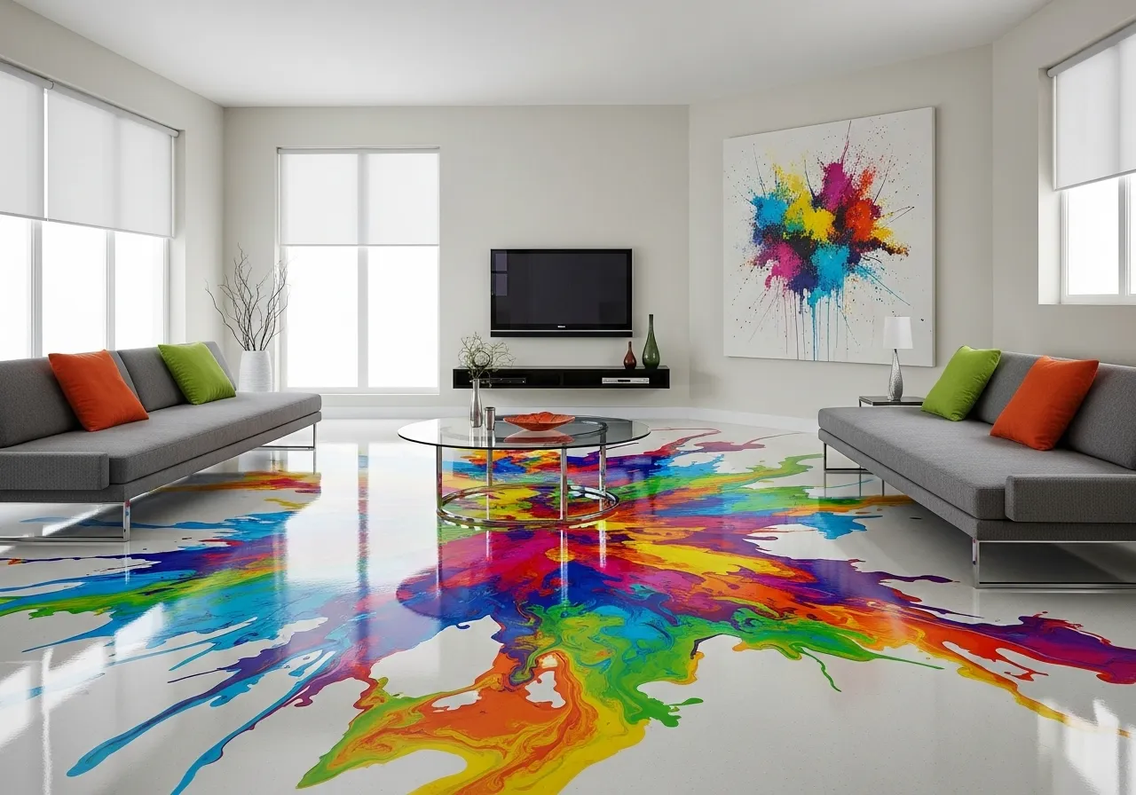 Bold colorful epoxy floor designs with bright multicolor patterns in a modern living room