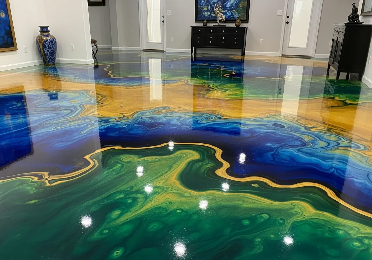 Contemporary fluid art epoxy floor designs with flowing colors in a modern living room