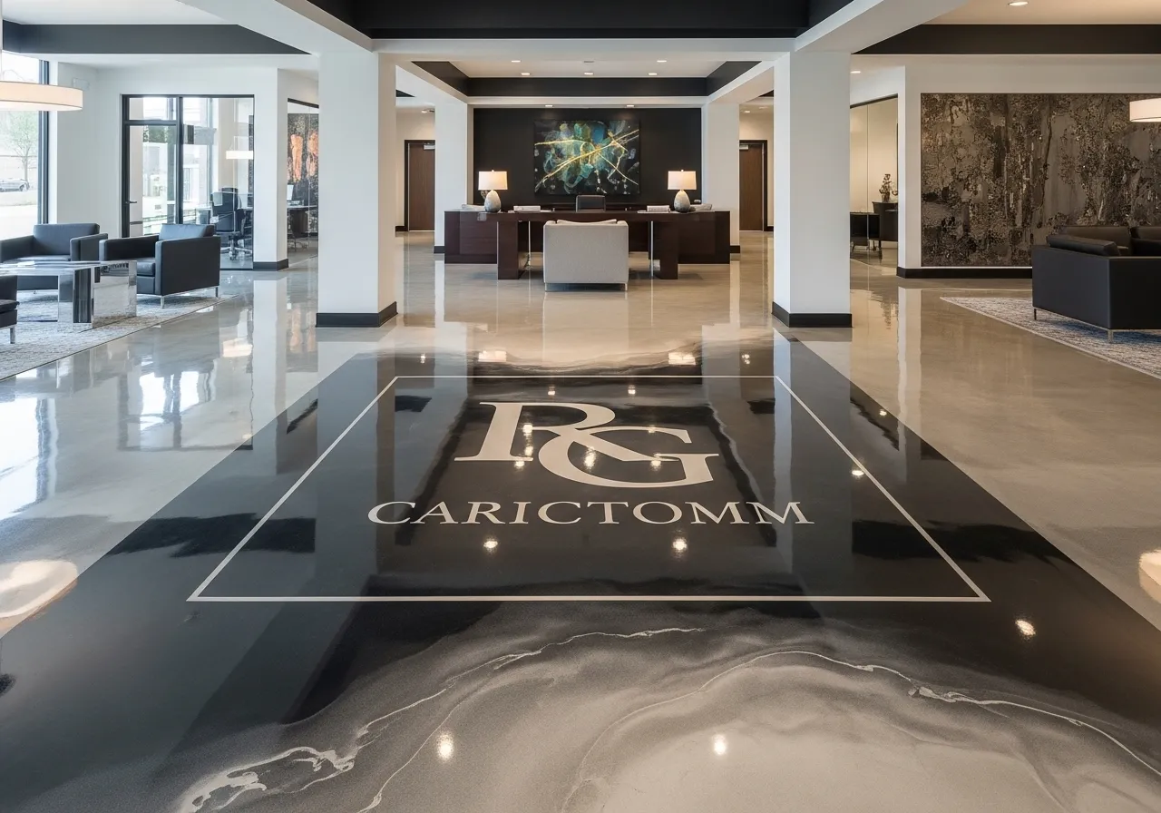 Custom logo epoxy floor designs in a modern office or boutique space