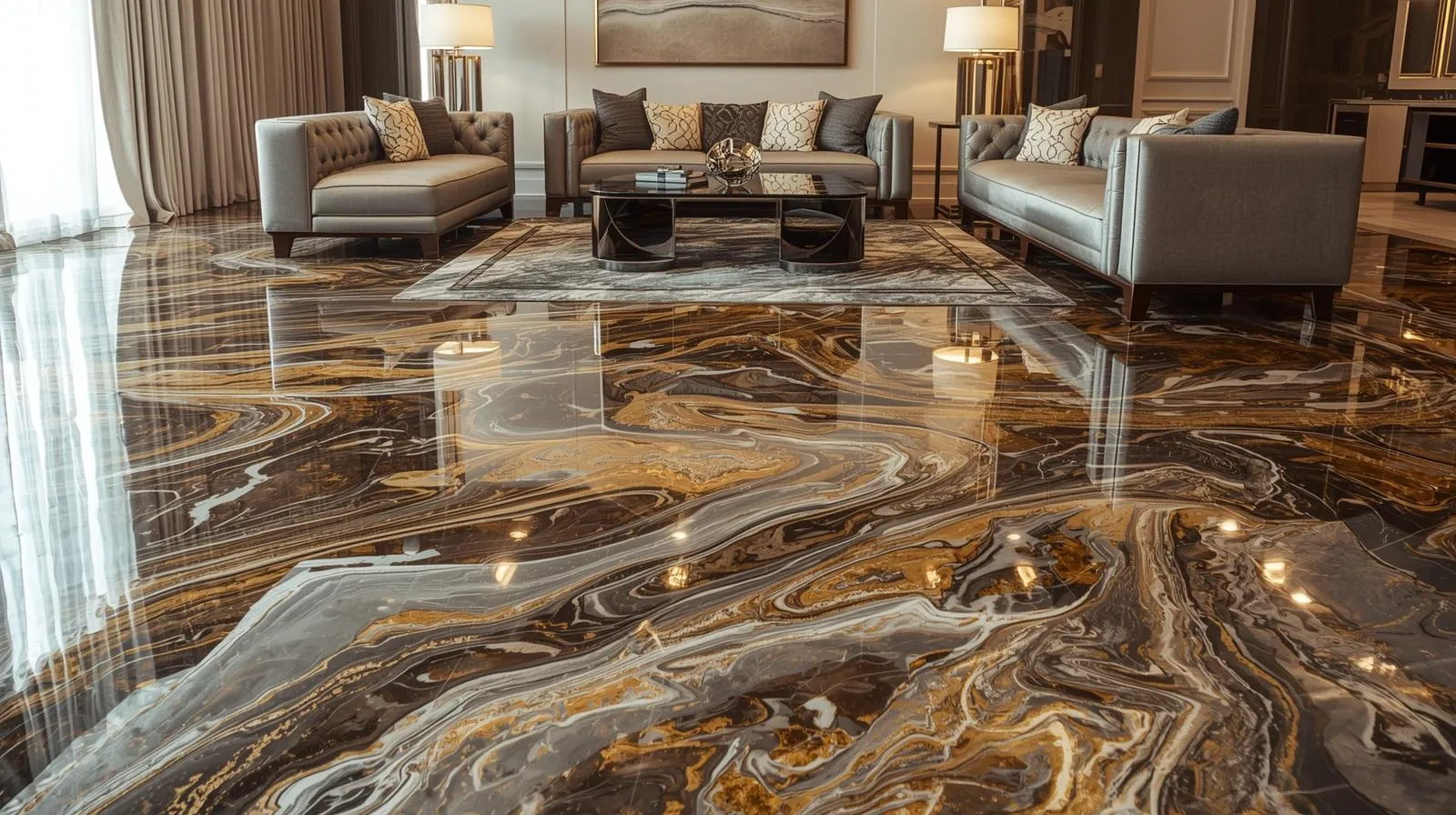 Luxury epoxy floor designs with modern colors and high-gloss finish in a contemporary living room