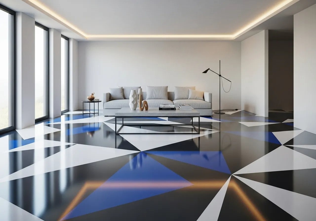 Geometric epoxy floor designs with bold patterns in a minimalist living room
