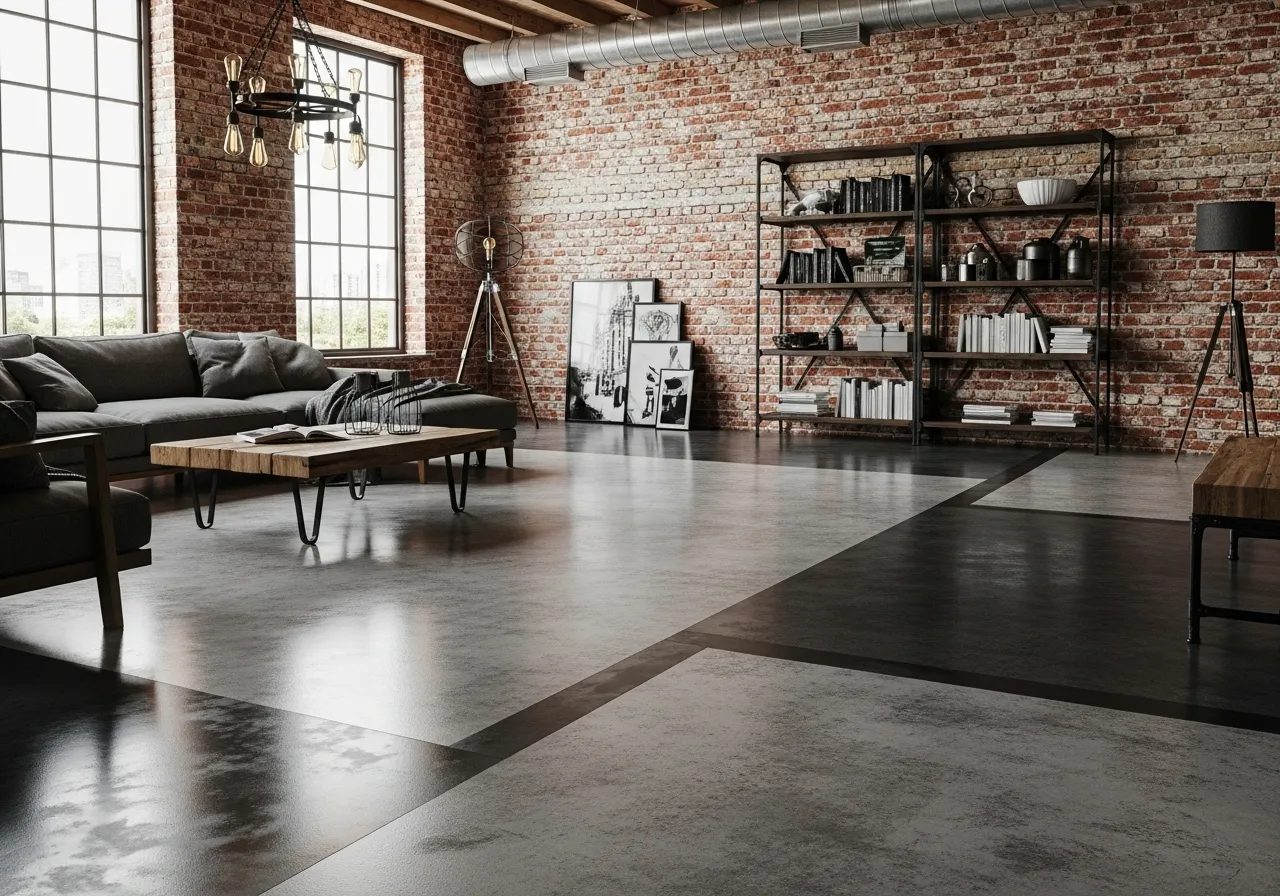 Industrial epoxy floor designs with concrete texture in a loft-style living room