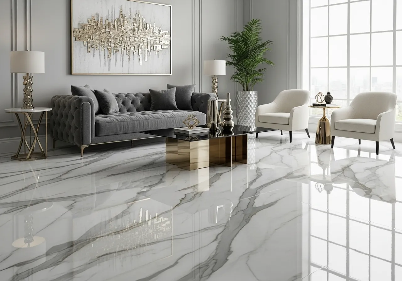 Marble-mimic epoxy floor designs with elegant veining in a luxury living room