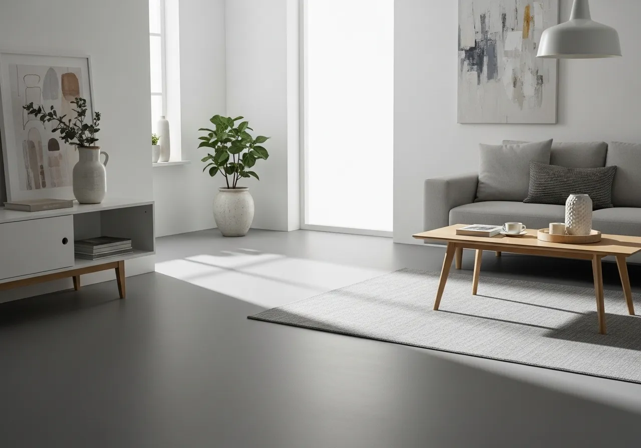 Minimalist epoxy floor designs in gray with clean Scandinavian living room style