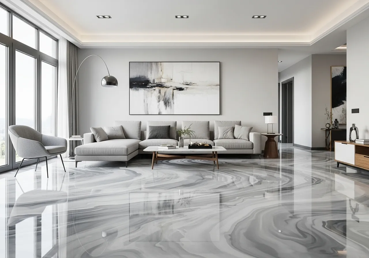 Modern abstract epoxy floor designs with soft gray and white swirls in a contemporary living room