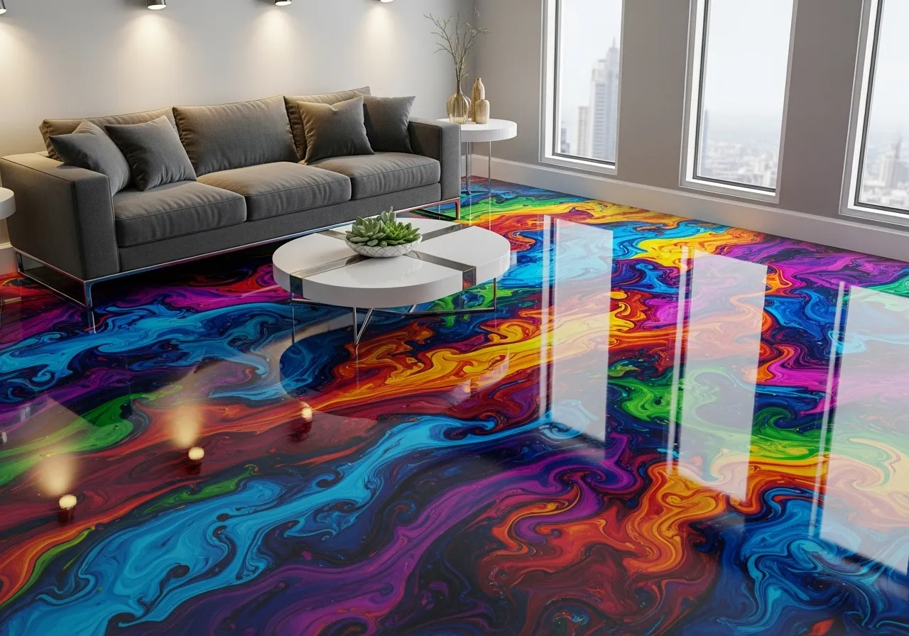 Multi-color swirl epoxy floor designs with vibrant pigments in a modern living room