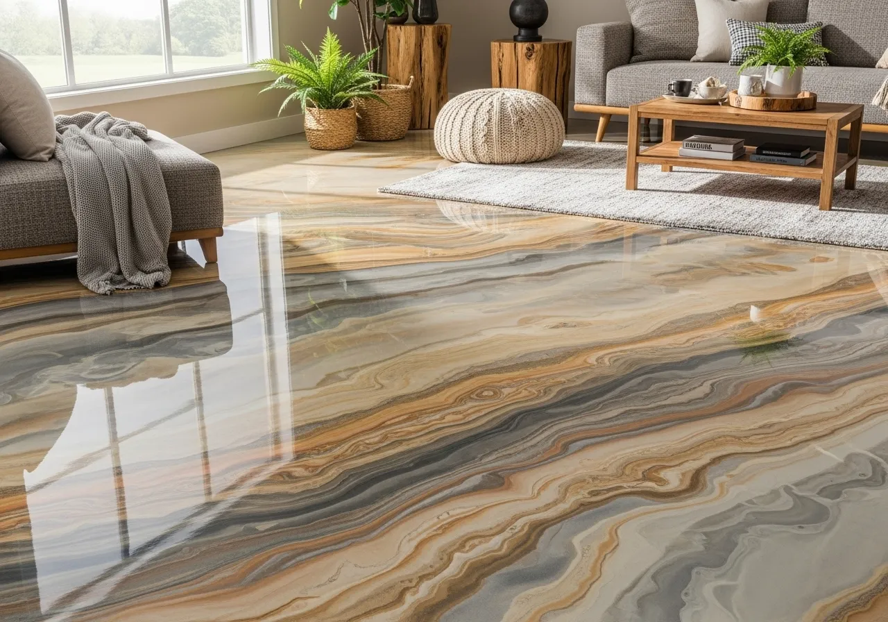 Nature-inspired epoxy floor designs with earthy swirls in a cozy living room