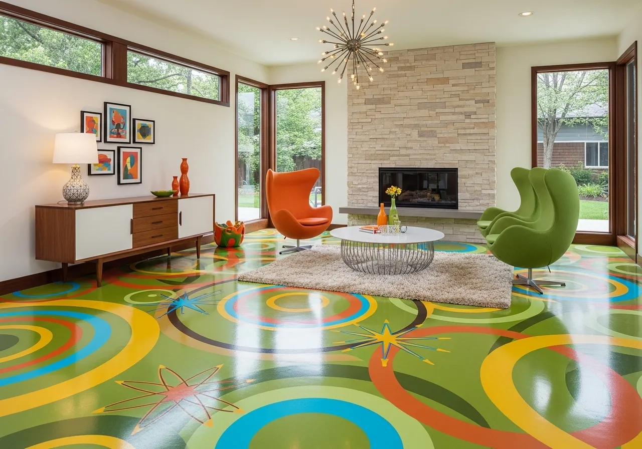 Retro epoxy floor designs with bright 1960s-inspired patterns in a mid-century modern living room