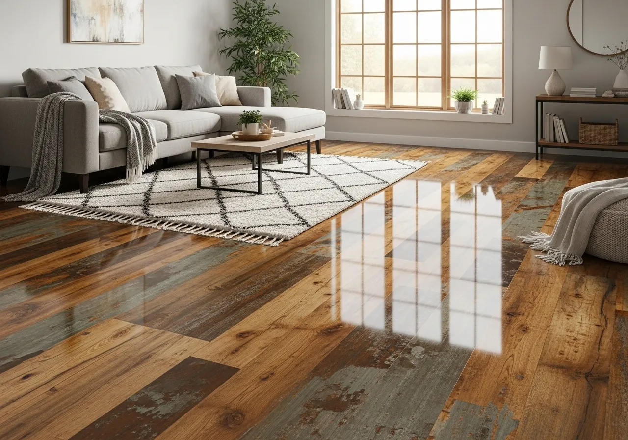 Rustic-modern epoxy floor designs with wood and patina textures in a cozy living room