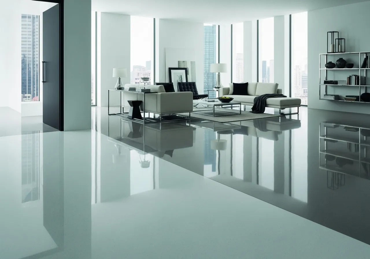 Seamless illusion epoxy floor designs with gradient and reflective finish in a modern living room