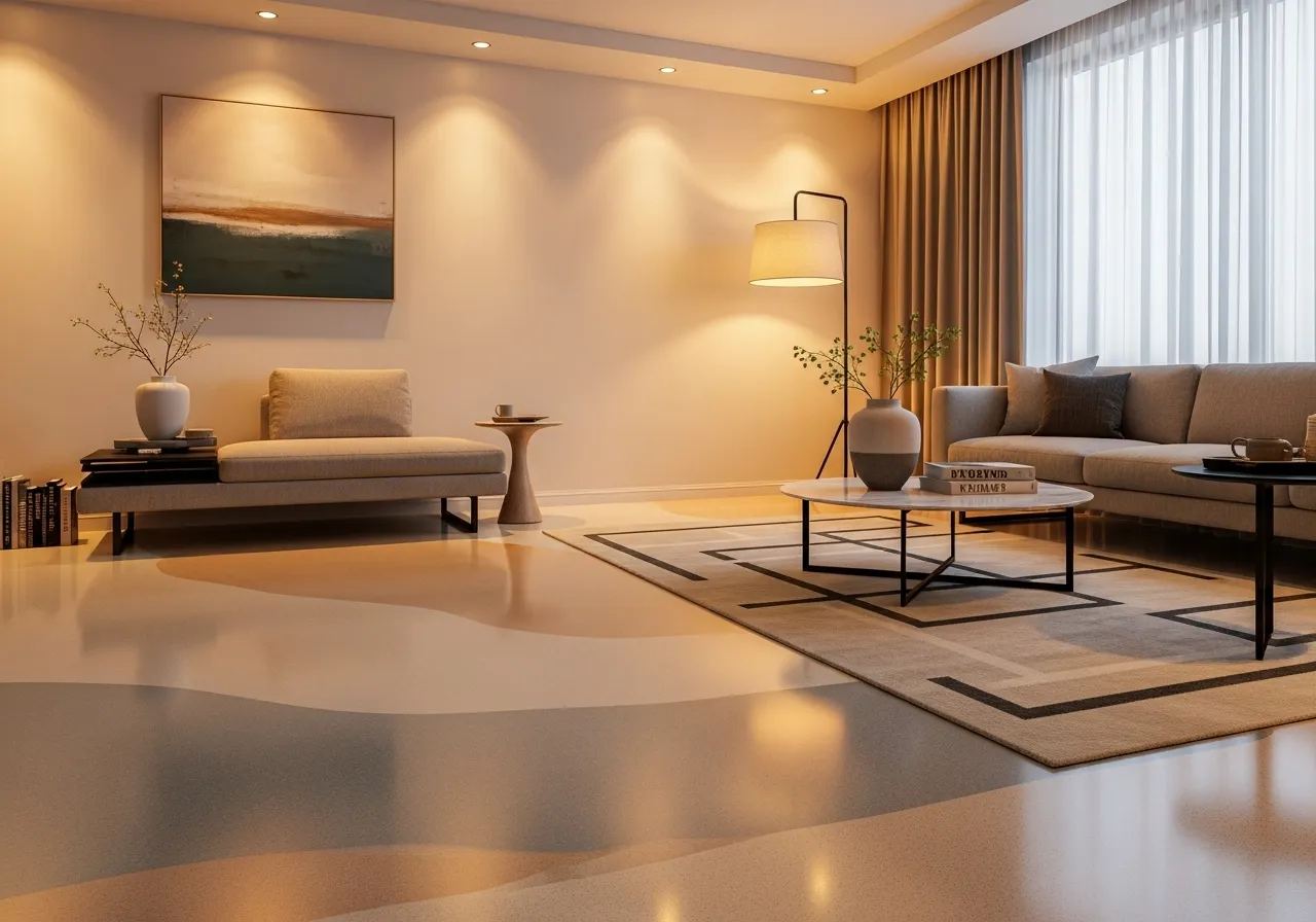 Textured epoxy floor designs with soft neutral tones in a modern living room