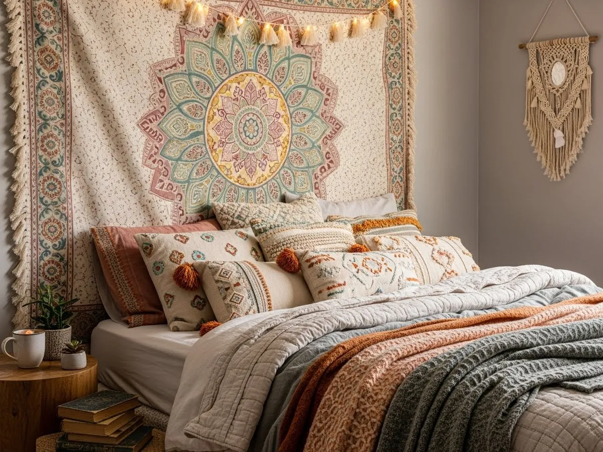 Bedroom with a fabric tapestry used as a soft and artistic headboard alternative.