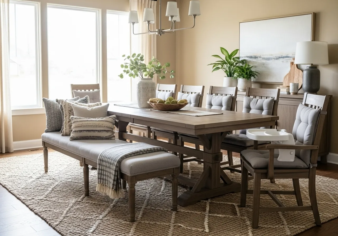 Family-friendly dining table with padded bench seating