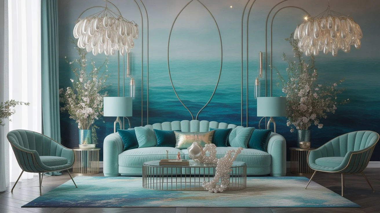 Luxurious mermaid home decor interior with shimmering aqua walls, iridescent accents, and gold details