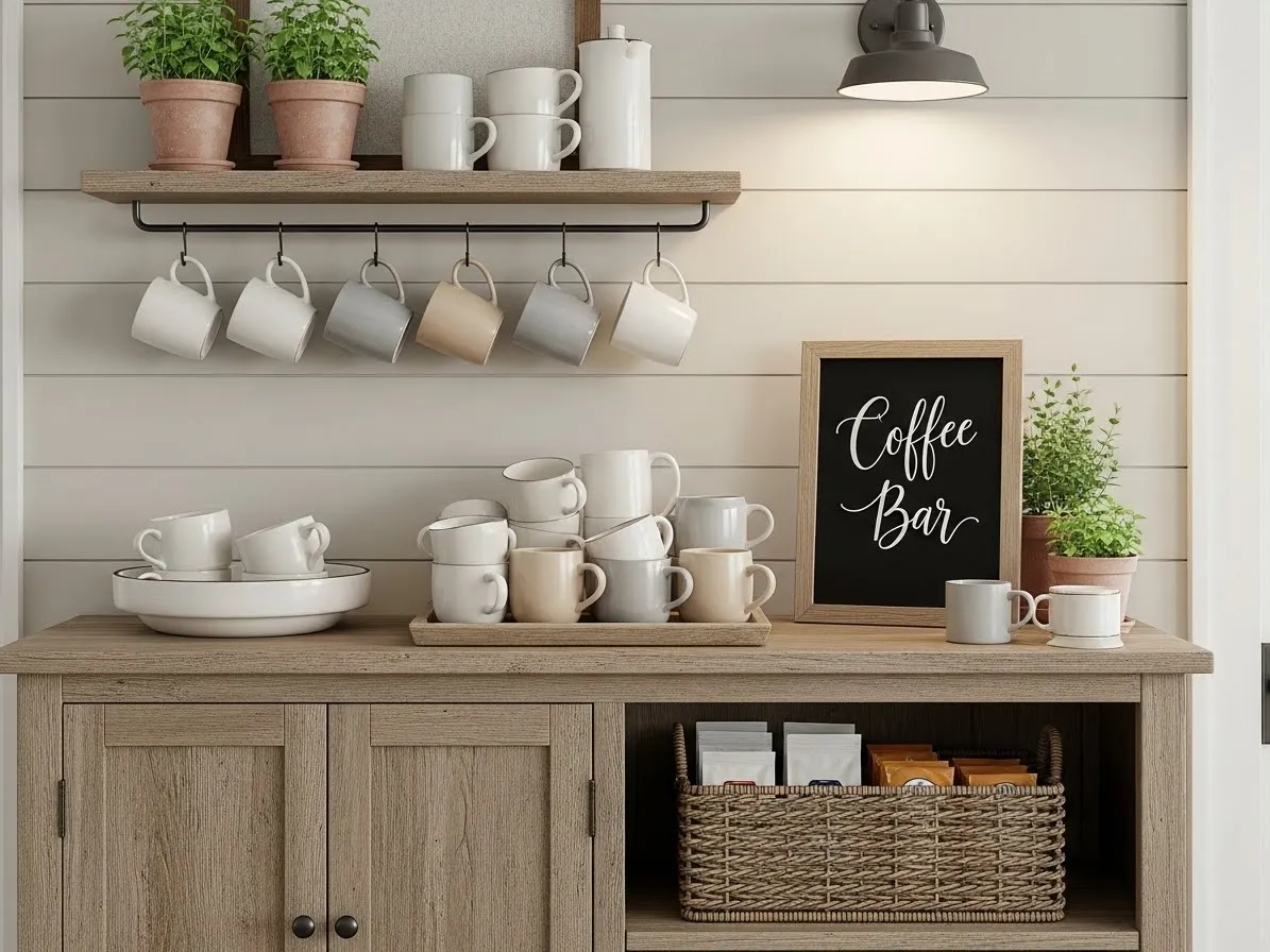 Farmhouse coffee bar with rustic wood and cozy decor