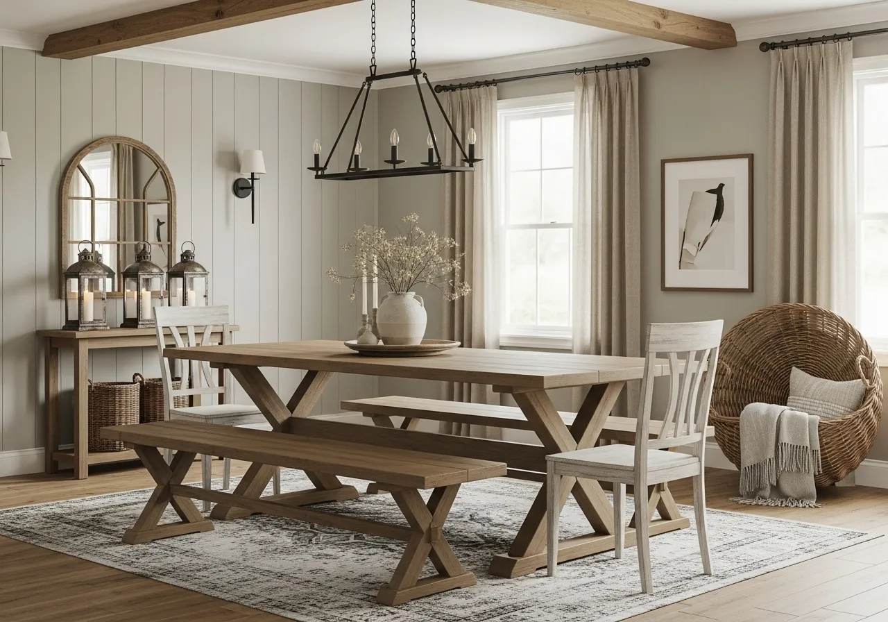 Farmhouse dining table with bench featuring classic X-leg design