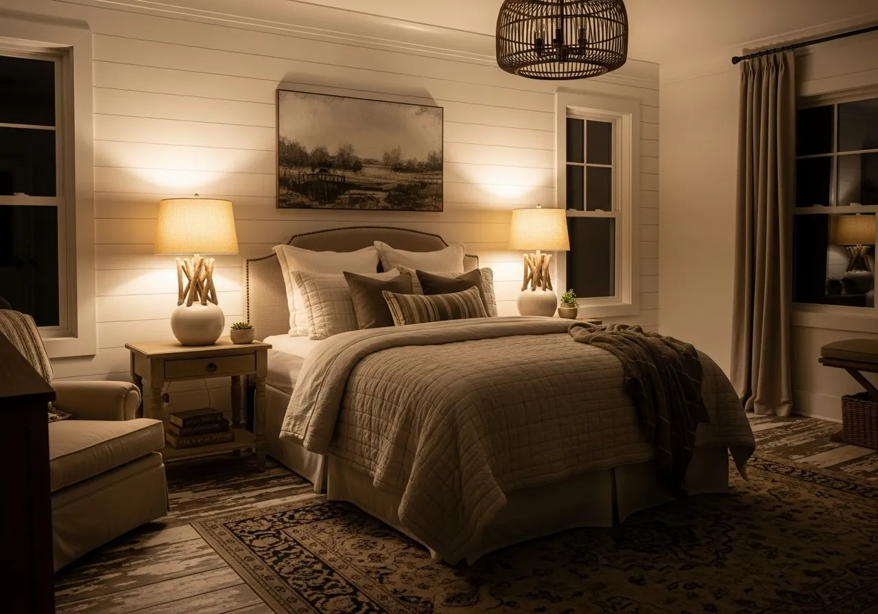 Warm farmhouse lighting creating a cozy and welcoming guest bedroom