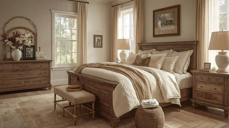 Luxury farmhouse guest bedroom with cozy layered bedding, rustic wood furniture, and warm neutral decor