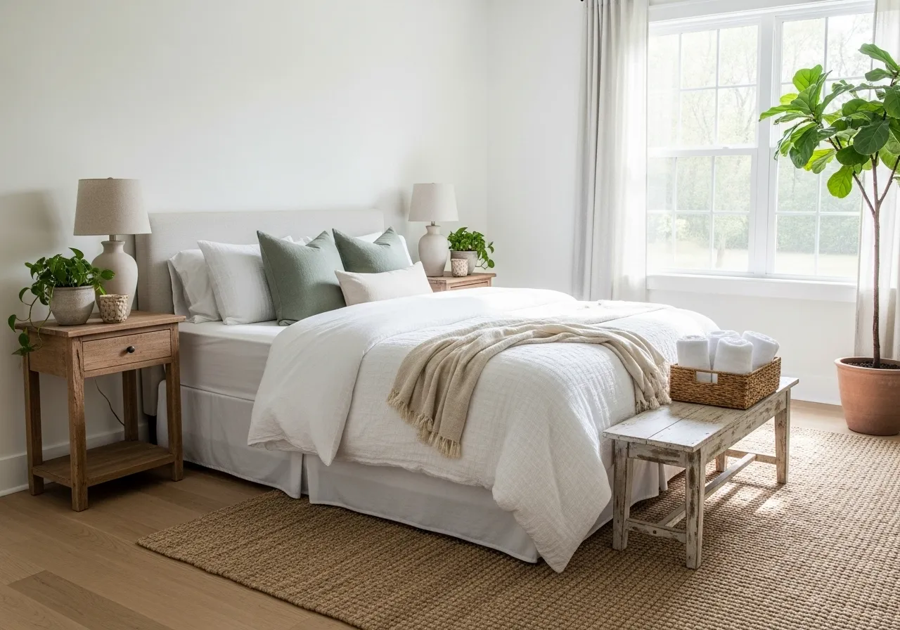 Natural greenery adding freshness to a farmhouse guest bedroom