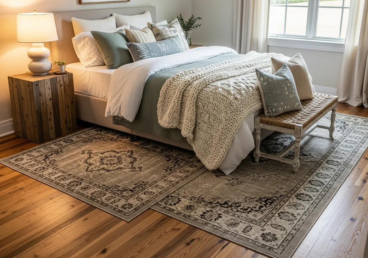 Layered farmhouse rugs adding warmth and texture to a cozy guest bedroom
