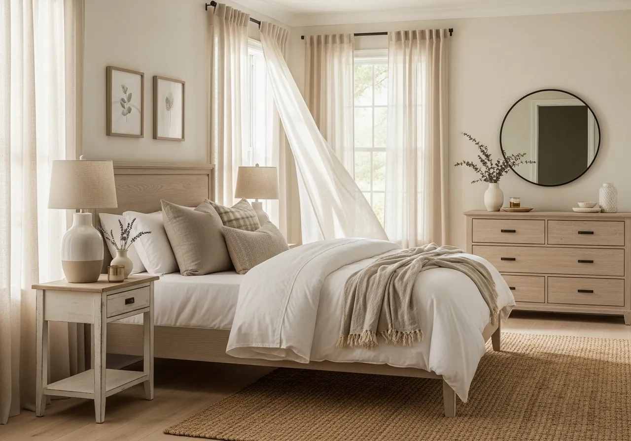 Light linen curtains adding an airy feel to a farmhouse guest bedroom