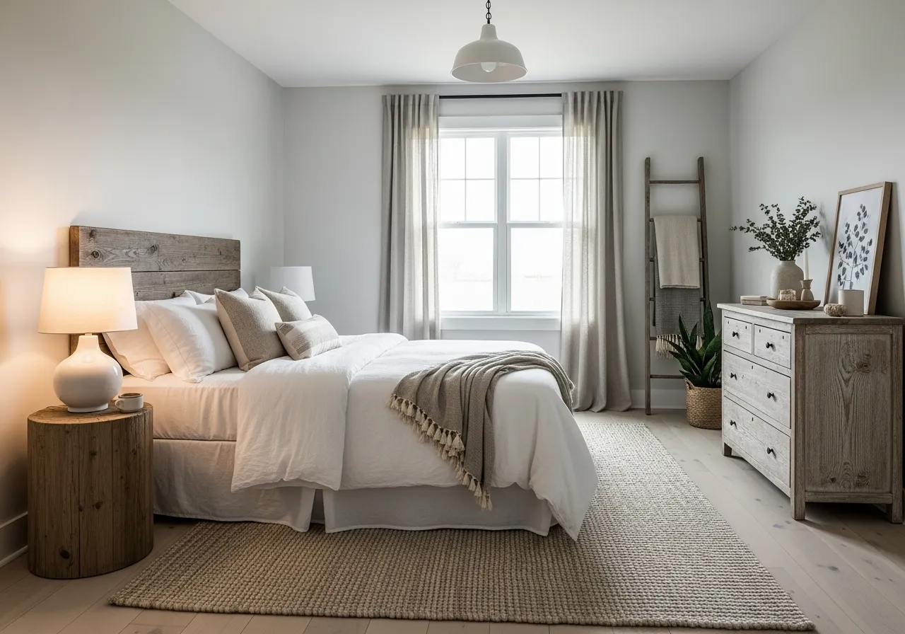 Clean and uncluttered farmhouse guest bedroom with a calm, airy layout