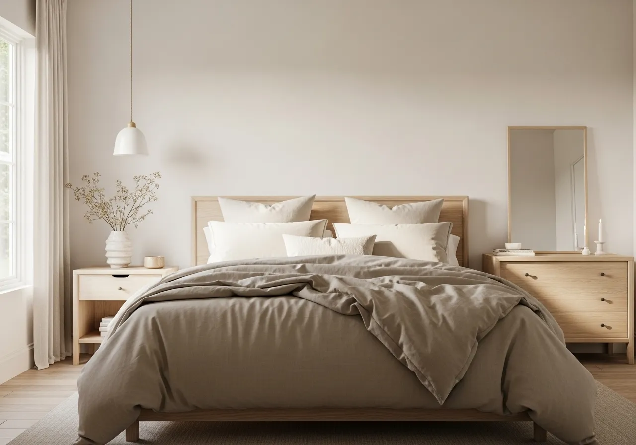 Soft neutral color palette creating a calm and airy farmhouse guest bedroom