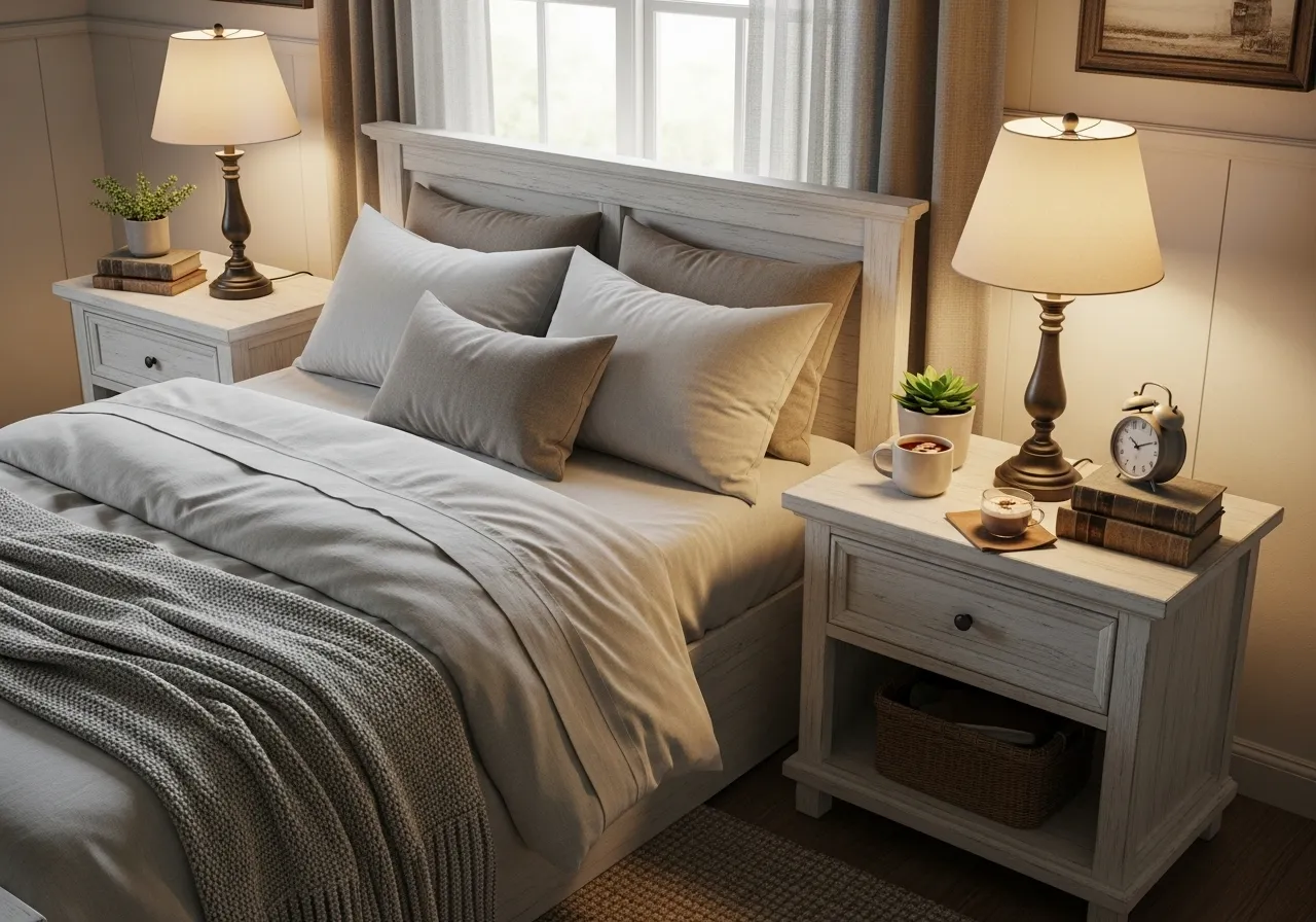 Whitewashed farmhouse nightstands styled for a cozy guest bedroom