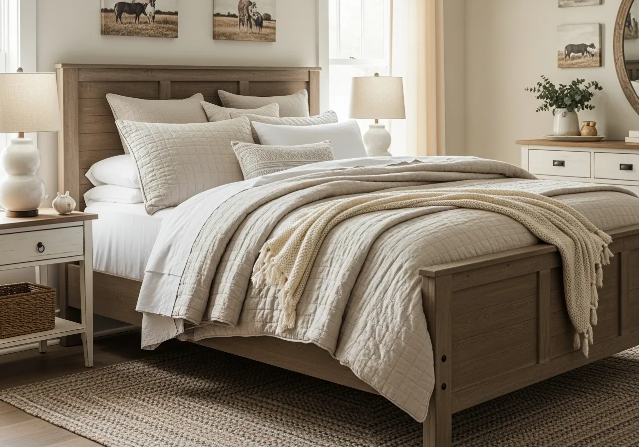 Cozy quilted bedding in a warm farmhouse guest bedroom with neutral tones and rustic decor