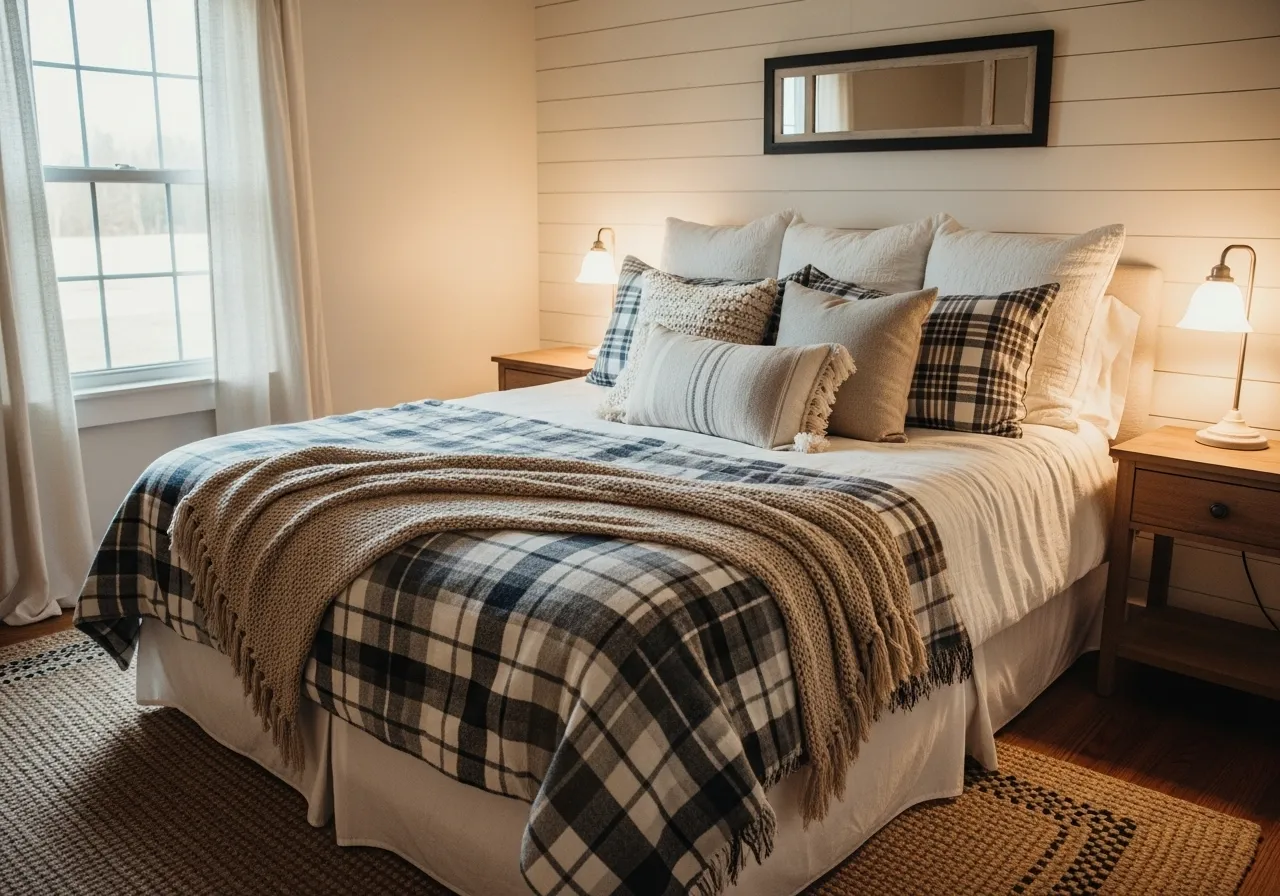 Layered pillows and blankets styled on a farmhouse guest bedroom bed