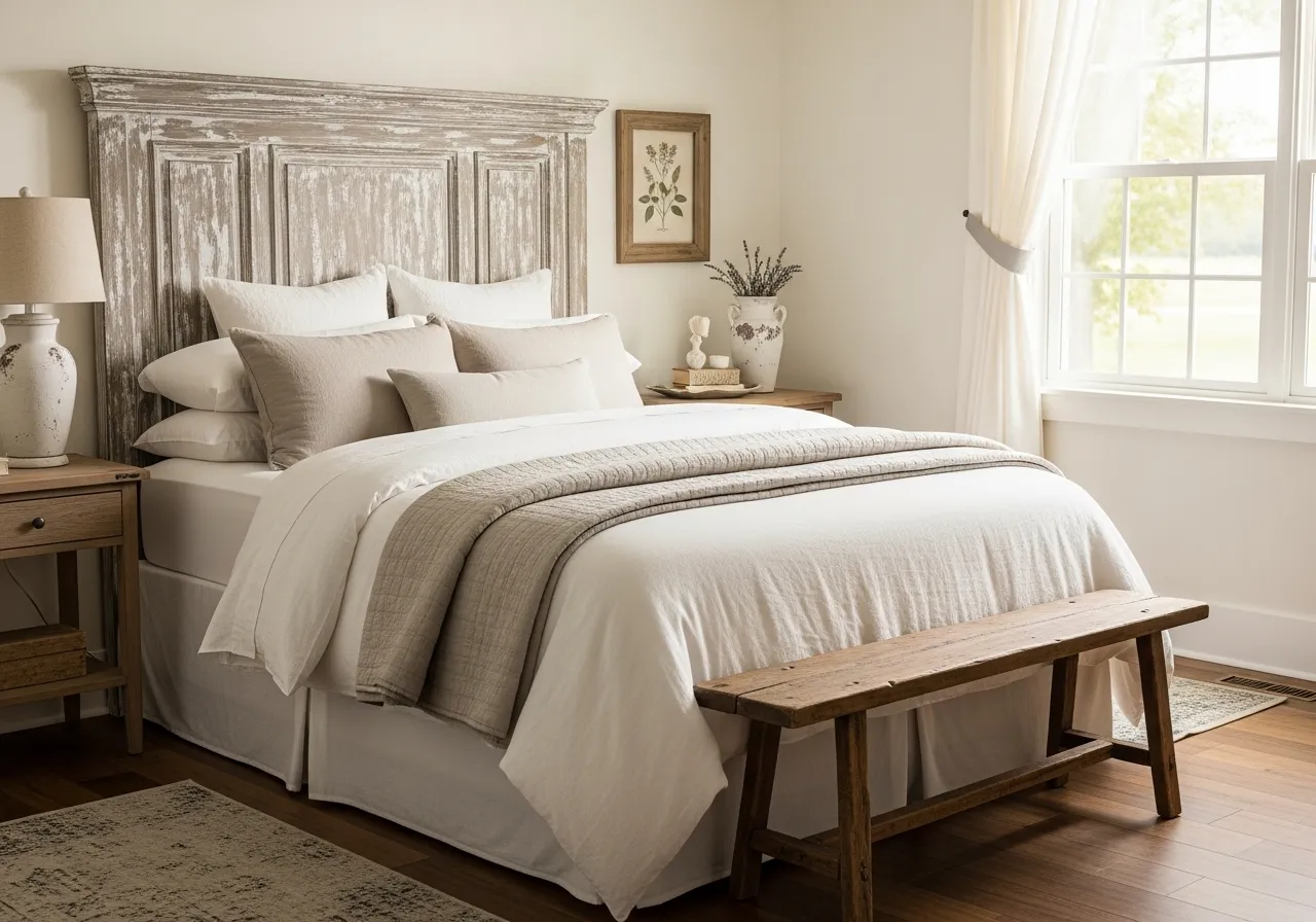 Rustic wooden headboard design in a classic farmhouse guest bedroom