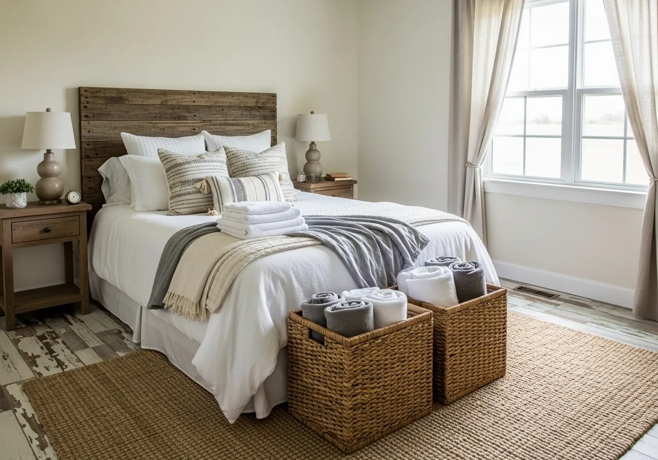 Woven baskets used for stylish storage in a farmhouse guest bedroom