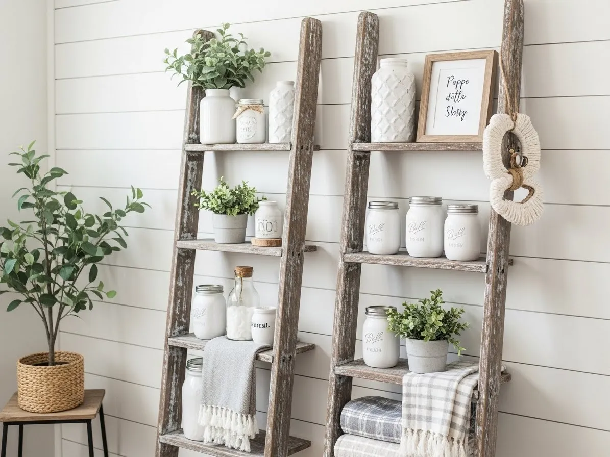 Farmhouse ladder shelf ideas for cozy homes