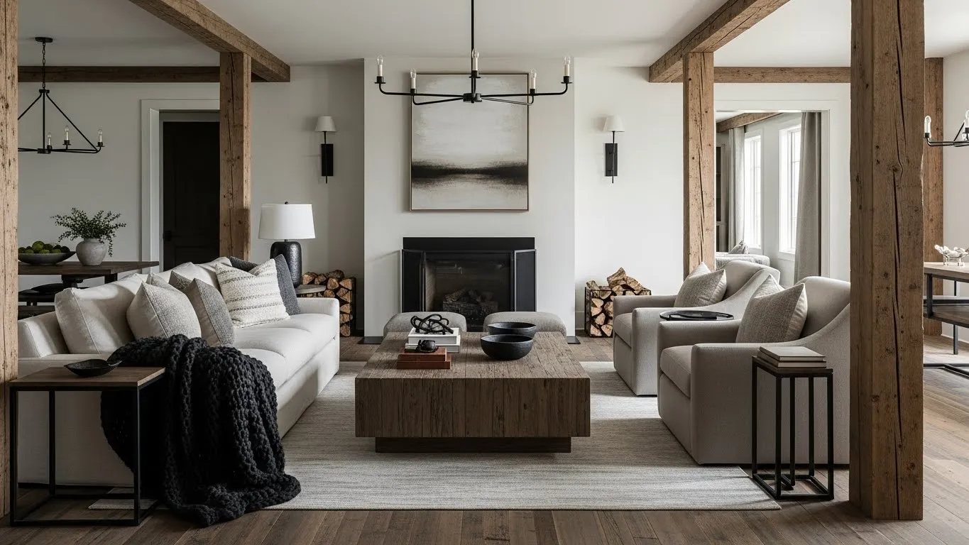 Farmhouse masculine living room with rustic wood and neutral decor