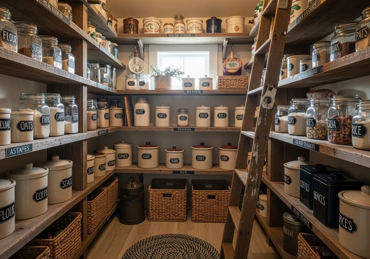Chalkboard labels used for organized farmhouse pantry storage